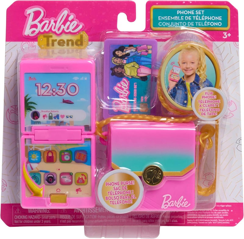 Barbie Just Play Barbie Trend Lights and Sounds Phone Set, 4-Piece Pretend Play Toy with Flip Phone, Purse Case, Credit Card & Charm, Role Play Toy for Kids Ages 3 and Up - Image 1